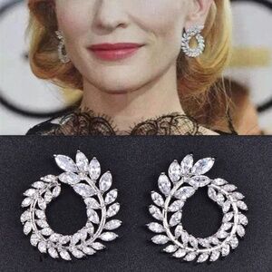 Wreath Stud Earrings Vine CZ Silver Marquise Cut Bridal Wedding Prom